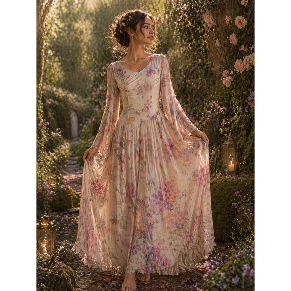 Dresses & Skirts - Romantic Floral Maxi Dress Women Sheer Overlay Bell Sleeve renfair fairycore